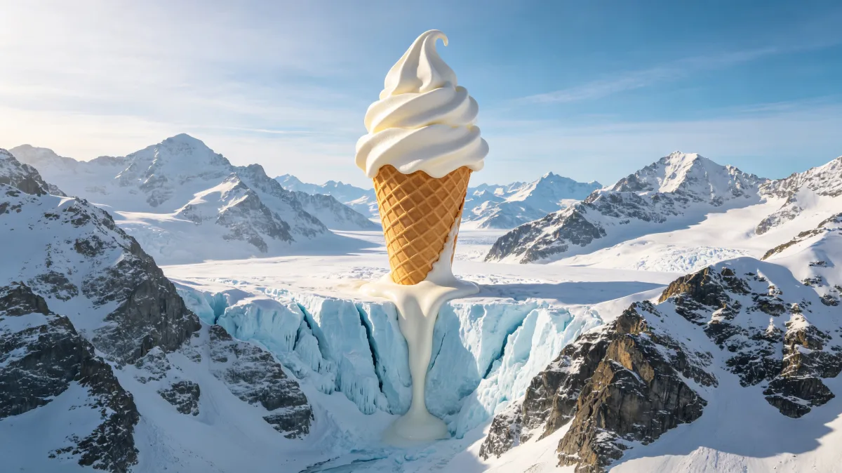 A giant soft-serve ice cream cone stands impossibly among snowy mountains and a glacier, creating a playful climate and food metaphor with strong contrast between dessert, cold landscape, and...