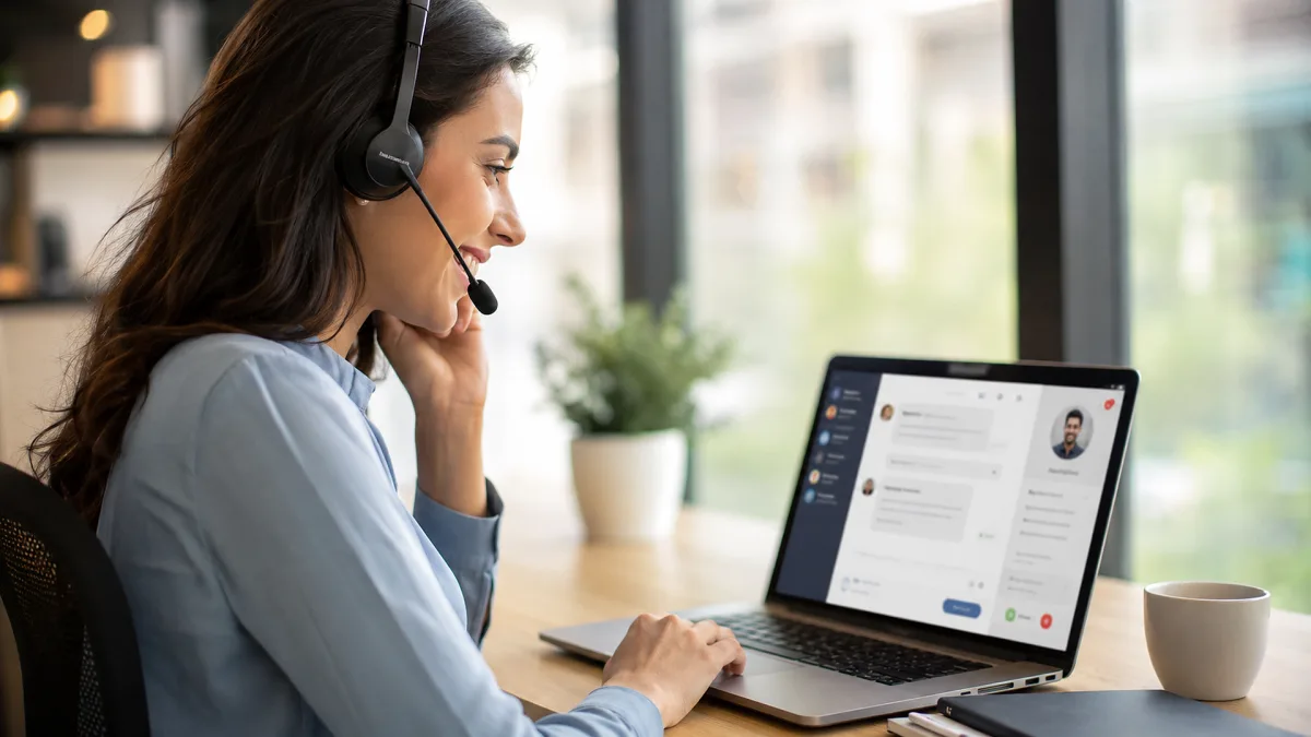 A headset support worker handles an online customer service chat on a laptop.