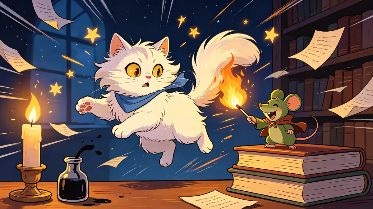 A colorful storybook cartoon scene featuring white cat and mouse in magic library, designed for playful children-friendly illustration use.