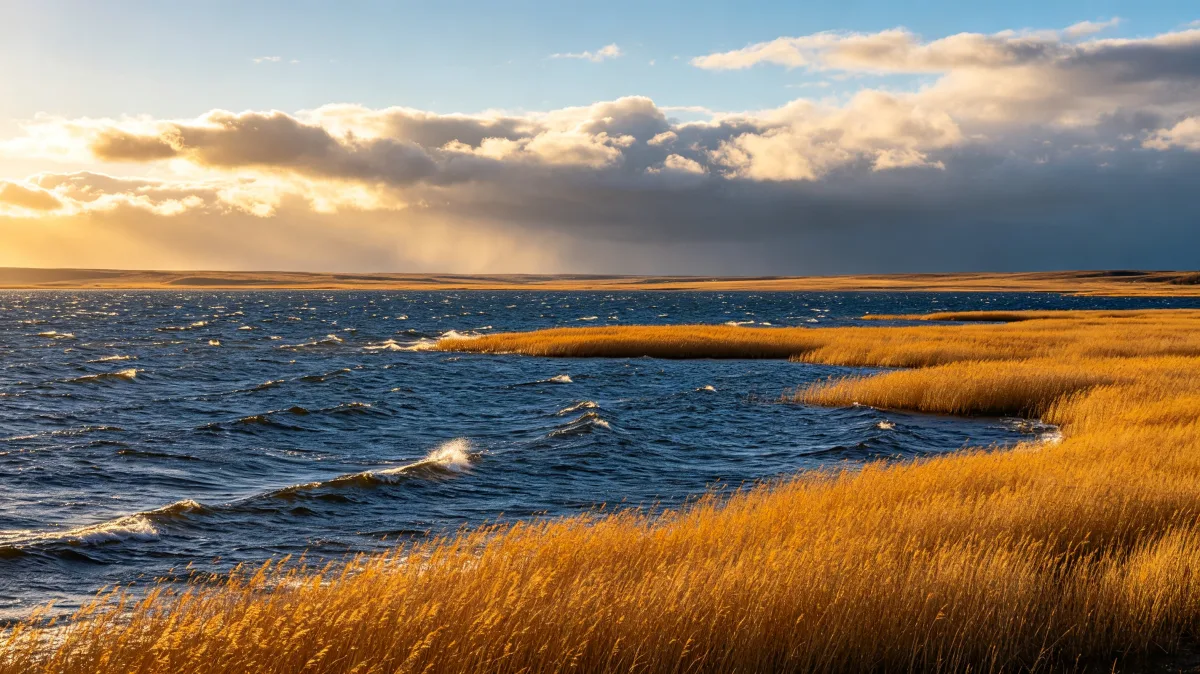 Golden reeds beside a rippling blue lake under warm sunset light and layered clouds.