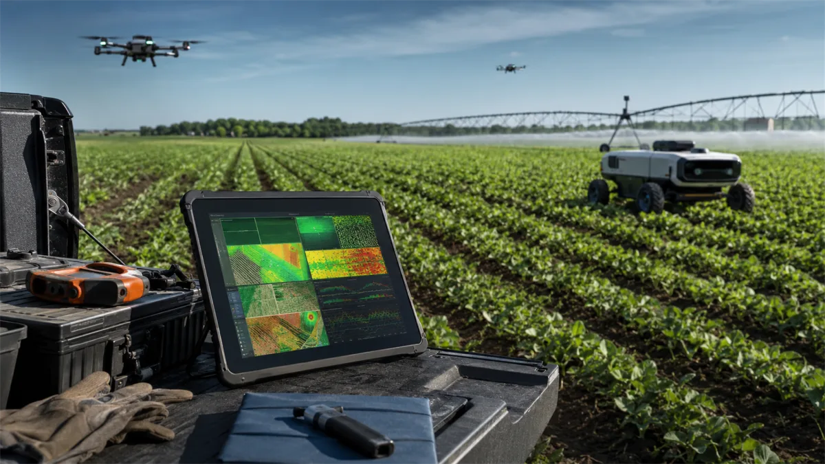 Drones and a rover monitor a green agricultural field while a laptop shows crop data, suggesting precision farming and automated field inspection.