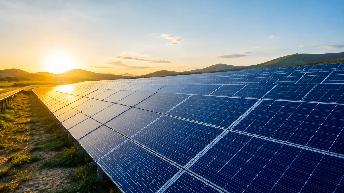 Solar panels stretch across a field as sunrise light reflects from the blue photovoltaic surface.