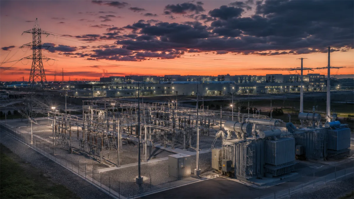 A power substation at sunset shows transformers, towers, cables, and grid hardware, emphasizing that internet services depend on reliable electricity, power distribution, and industrial-scale...