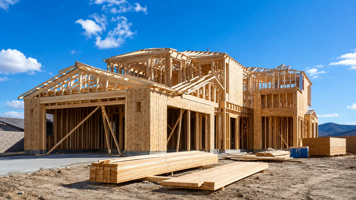 A newly framed wood house stands on a construction site with exposed studs, roof structure, lumber, and open ground.