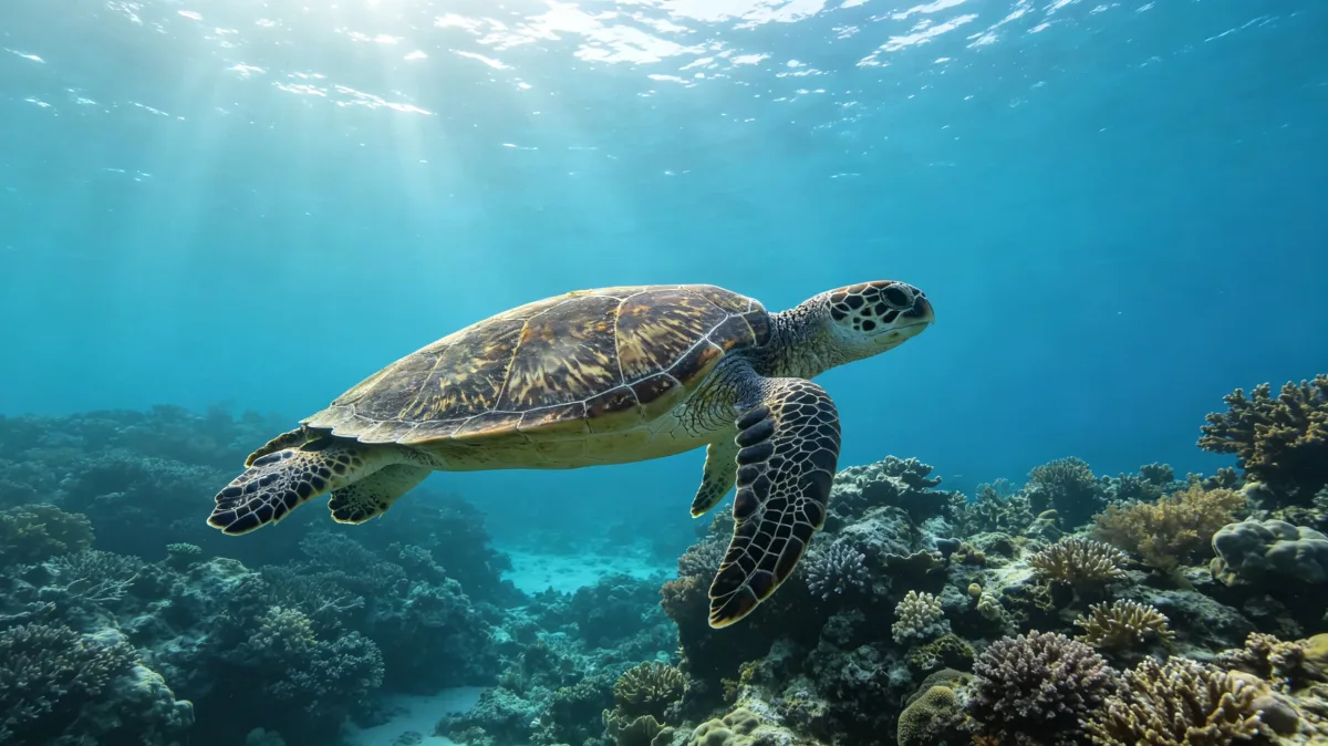 Sea turtle swimming over coral reef in clear blue ocean water