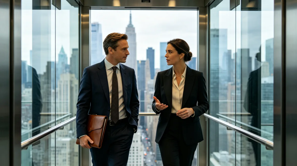 Two business professionals walk through a glass corridor in a high-rise office while discussing work.