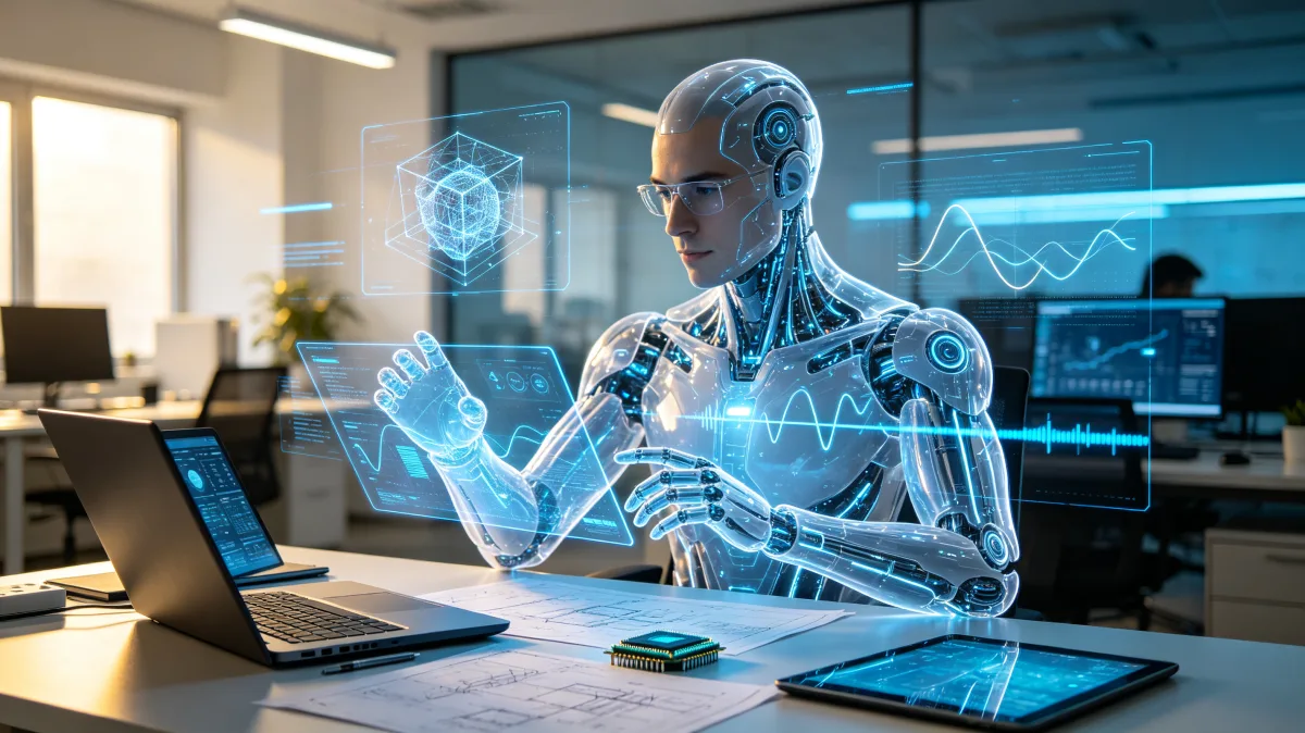 Humanoid AI assistant at office desk with holographic business analytics