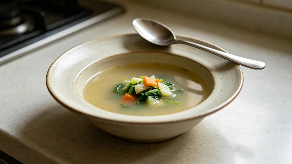 a simple white bowl of soup sits on a countertop with a spoon nearby, presenting a calm everyday food scene with steamless quiet, minimal plating, and the feeling of a modest homemade meal.