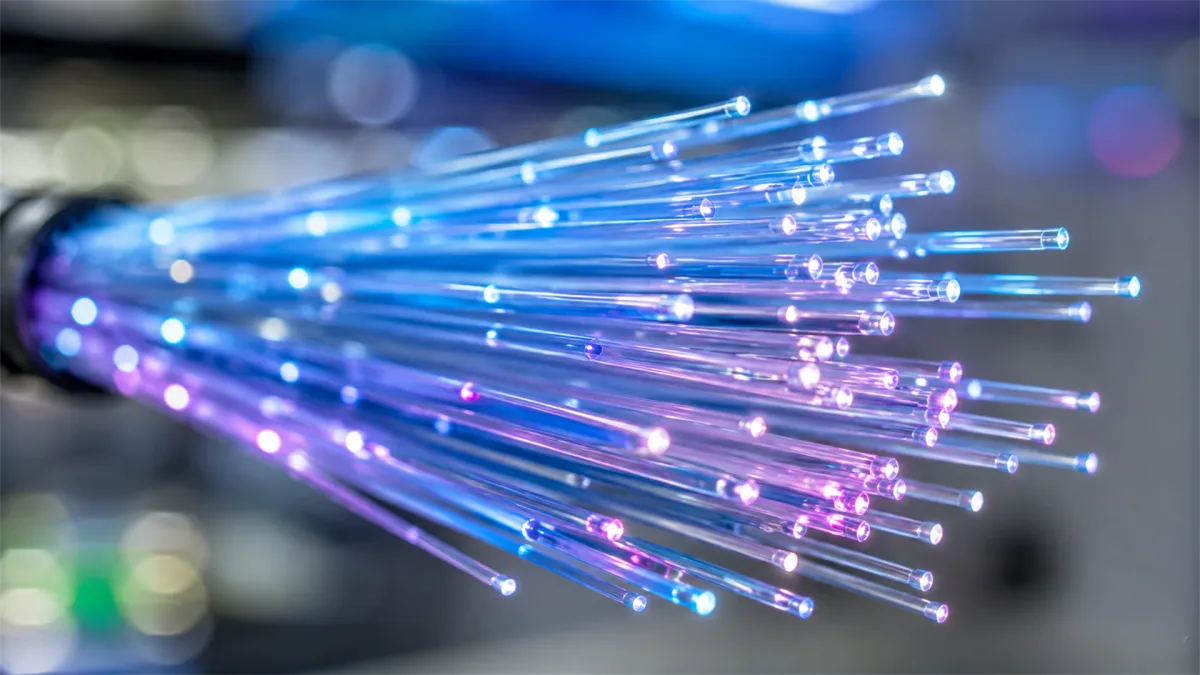 A close macro view of fiber optic strands emits blue, violet, and white points of light, emphasizing speed, bandwidth, optical communication, and the delicate physical medium that carries...