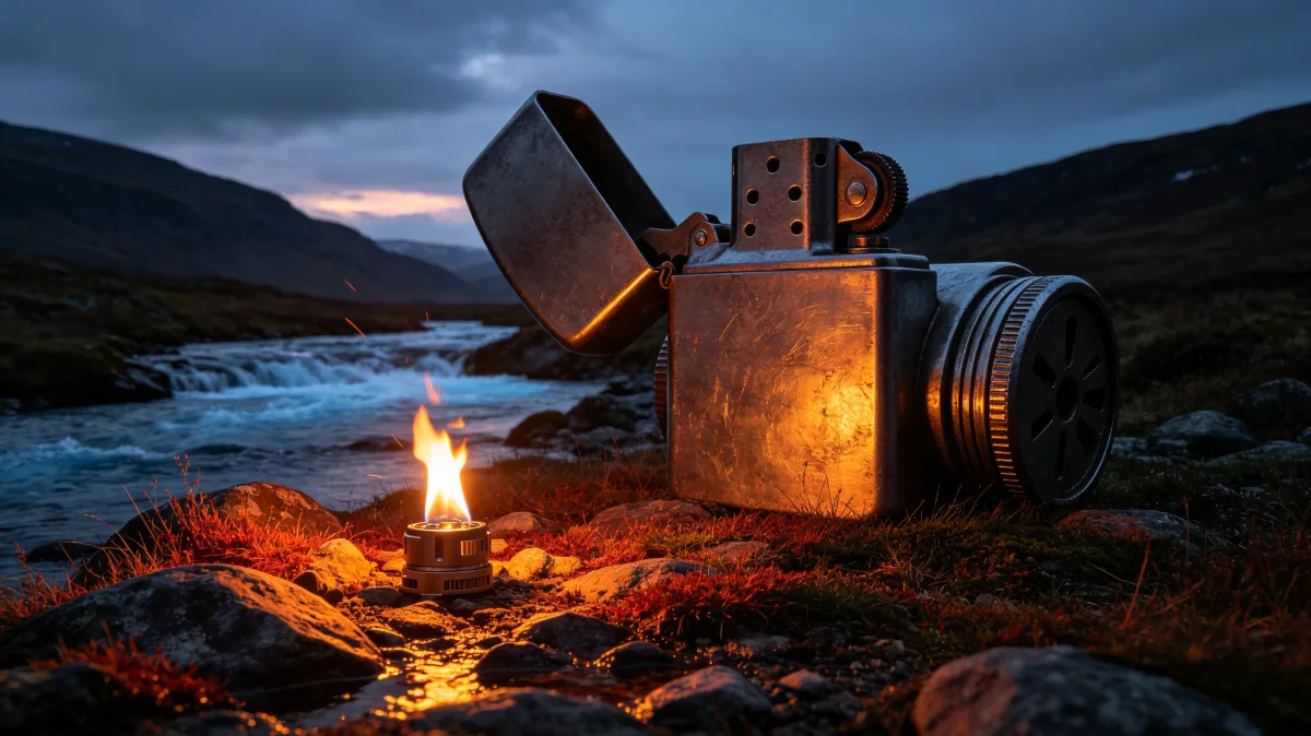 An enormous metal lighter stands near a quiet shoreline with a flame glowing beside it, creating a moody concept for ignition, survival, energy, outdoor adventure, and personal objects at...