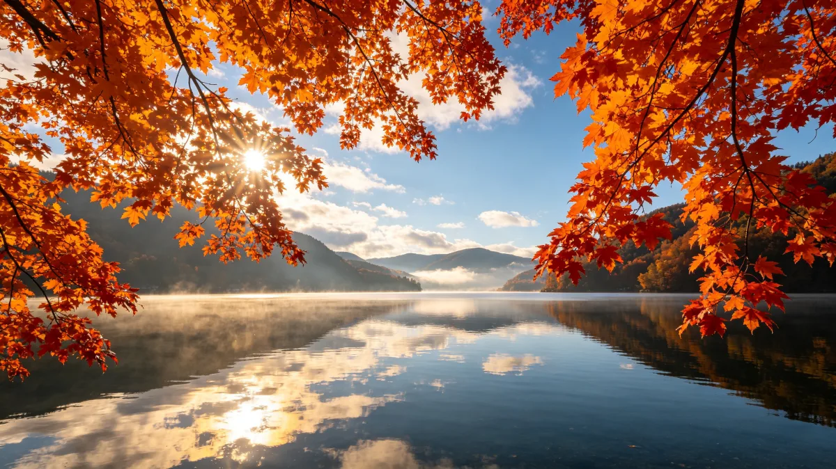 Red and orange autumn maple leaves framing a reflective mountain lake in warm sunlight.