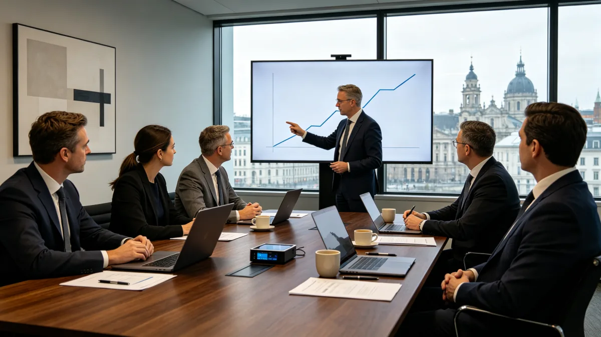 Executive presenting strategy screen in boardroom with city view
