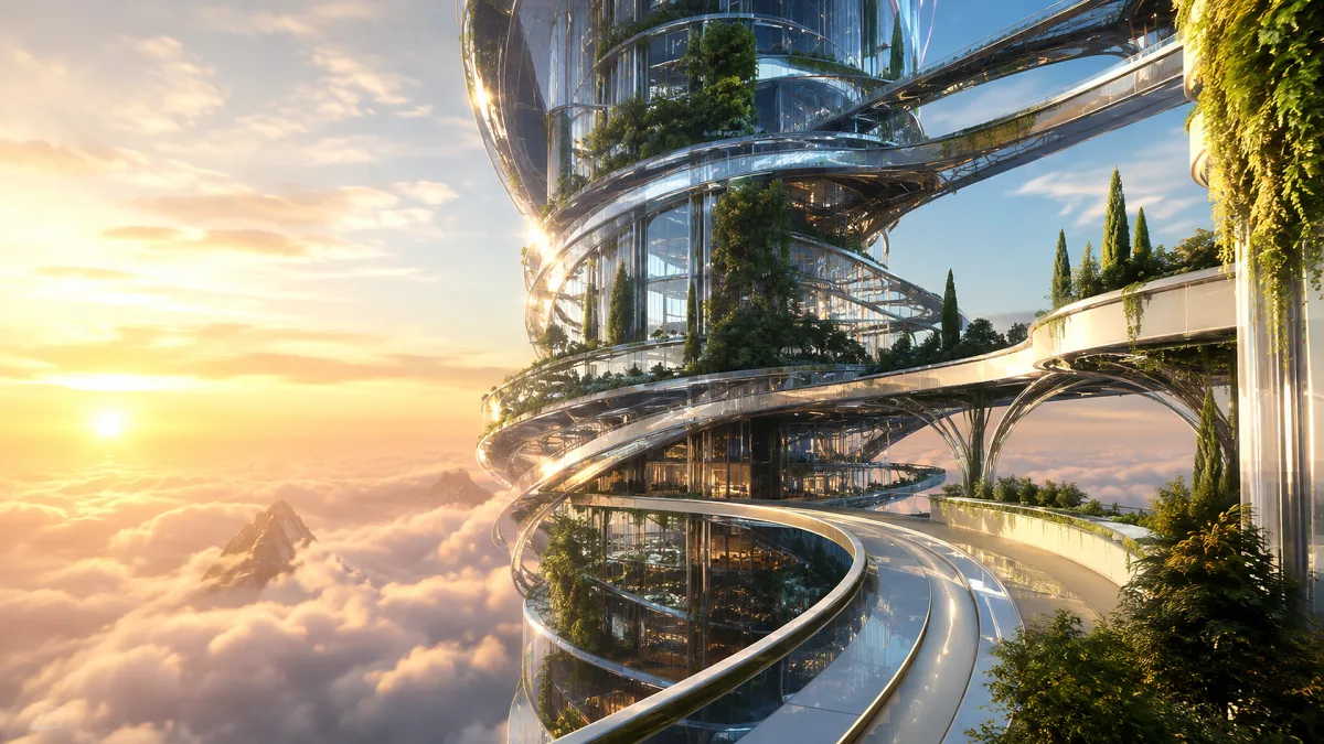 futuristic glass skyway and mirrored buildings above clouds