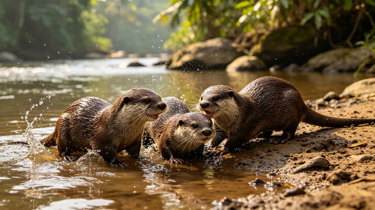 Family of otters playing and splashing beside clear jungle river.