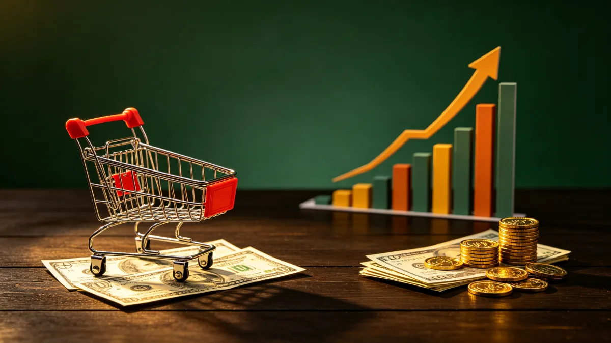 A miniature shopping cart stands near stacks of coins and an upward gold chart arrow, linking consumer purchases with inflation, sales growth, retail revenue, and price movement.