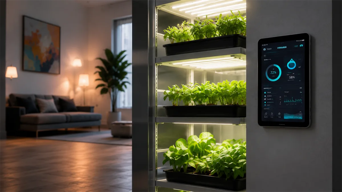 A vertical farm cabinet grows leafy greens indoors beside a wall control panel, suggesting compact home agriculture and sensor-managed food production.