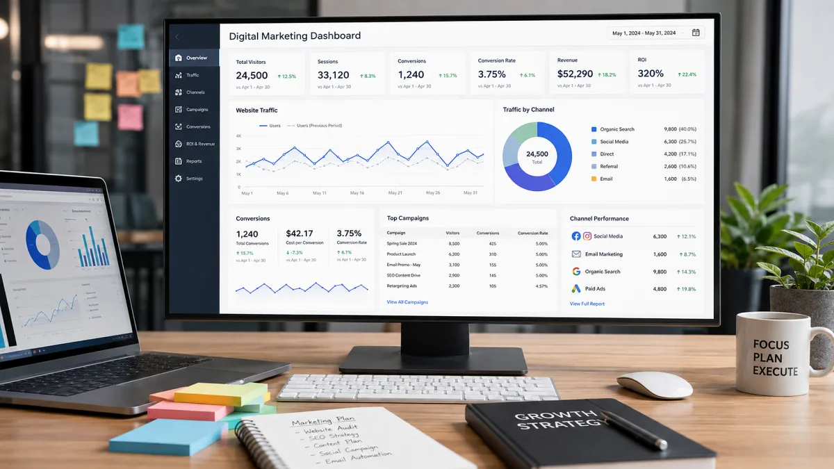 Multiple monitors show a digital marketing dashboard with traffic, acquisition, conversion, campaign performance, and handwritten planning notes.