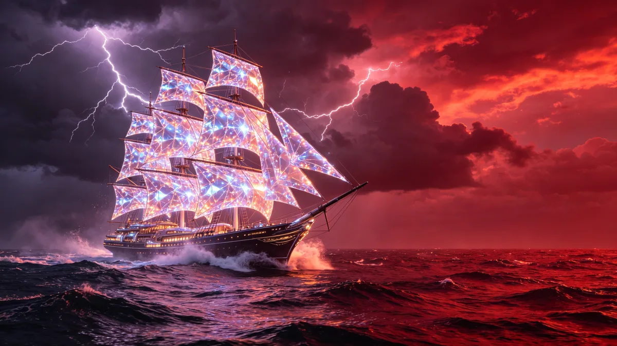 Glowing Ship In Red Storm Sea