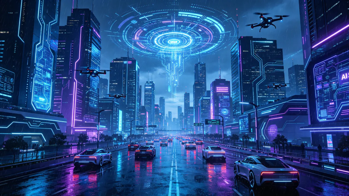 Cyberpunk smart city street with autonomous cars and glowing data overlays