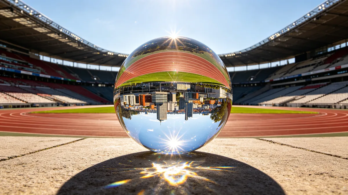 a giant polished glass sphere sits on an athletic track inside a stadium, reflecting the running lanes and seating upside down to create a surreal visual about perspective, sport, optics, and scale.