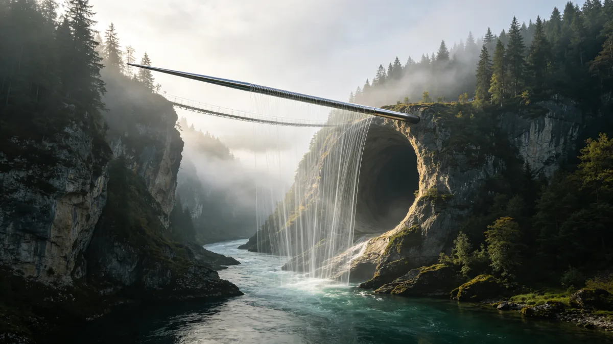 an enormous circular concrete pipe emerges from a misty forest cliff with water pouring through it into a river below, blending infrastructure, nature, drainage, and impossible landscape design.