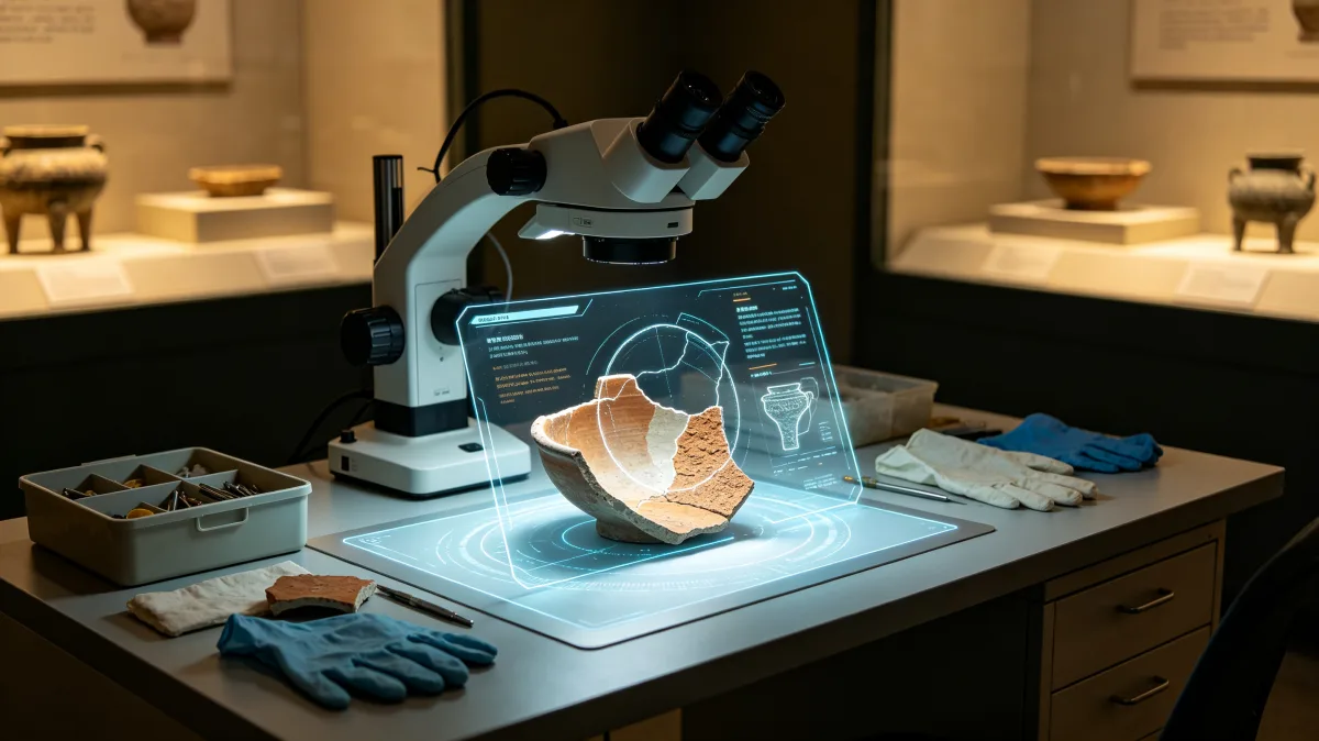 Archaeologist examining ancient artifact with augmented reality scanner
