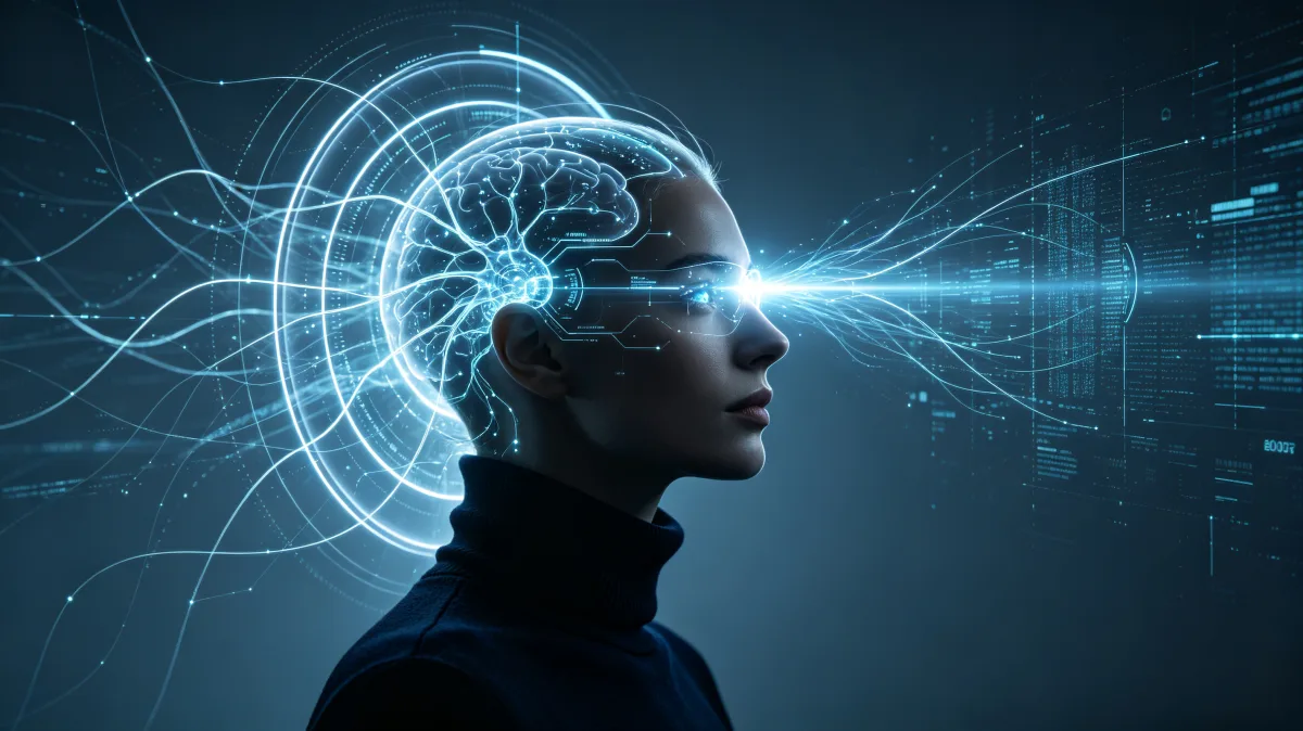 Human head silhouette with glowing AI brain interface and digital light beams