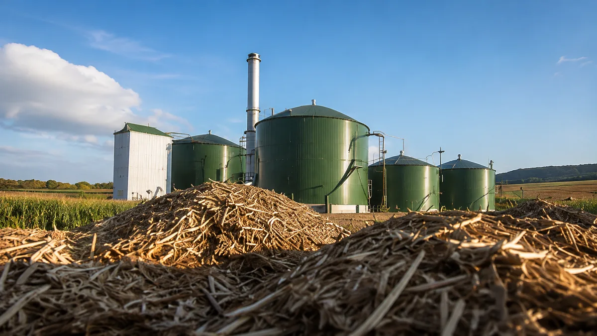 Green storage tanks and piles of wood chips show a biomass energy facility in open farmland.
