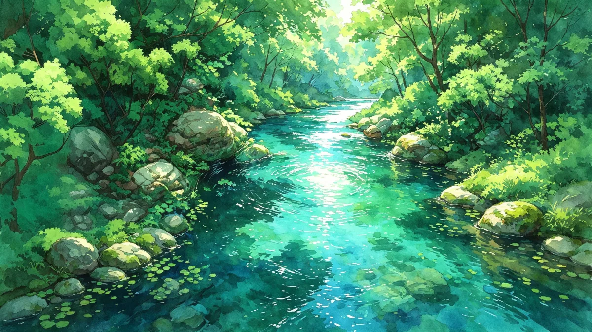 Emerald creek flowing through dense green forest