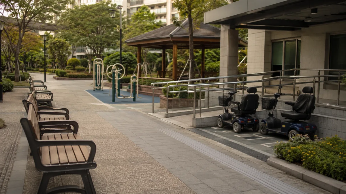 Empty benches line a public walkway outside apartment buildings while a few people sit in the distance, suggesting urban affordability, public services, and everyday economic strain.