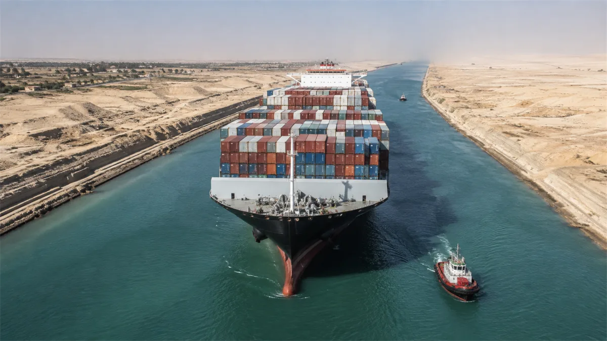 container ship traveling through desert canal with tugboats
