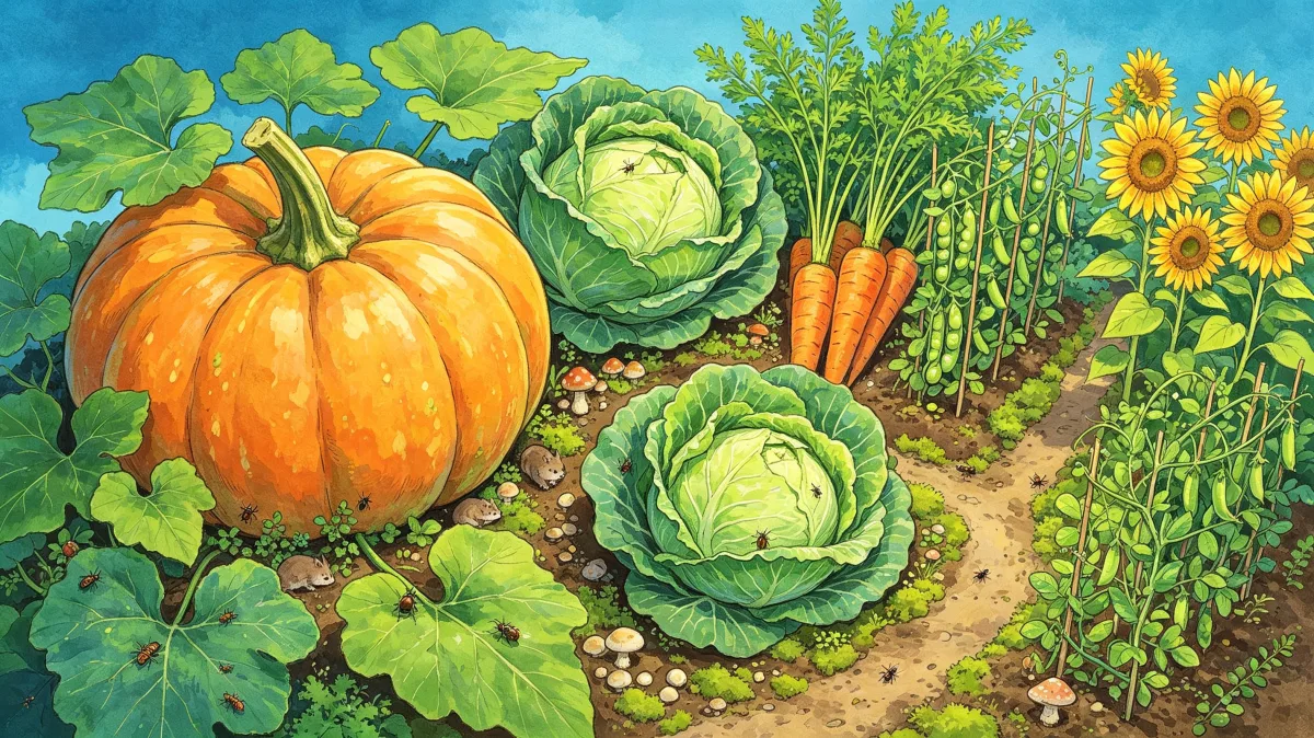 A bright vegetable plot grows pumpkins, cabbages, carrots, beans, and tall sunflowers in orderly rows, presenting a cheerful harvest garden for food, agriculture, self-sufficiency, and seasonal...