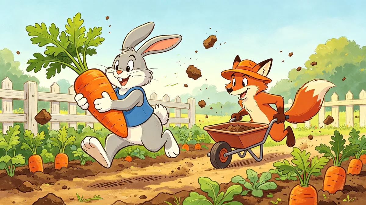 A colorful storybook cartoon scene featuring rabbit and fox carrot garden chase, designed for playful children-friendly illustration use.