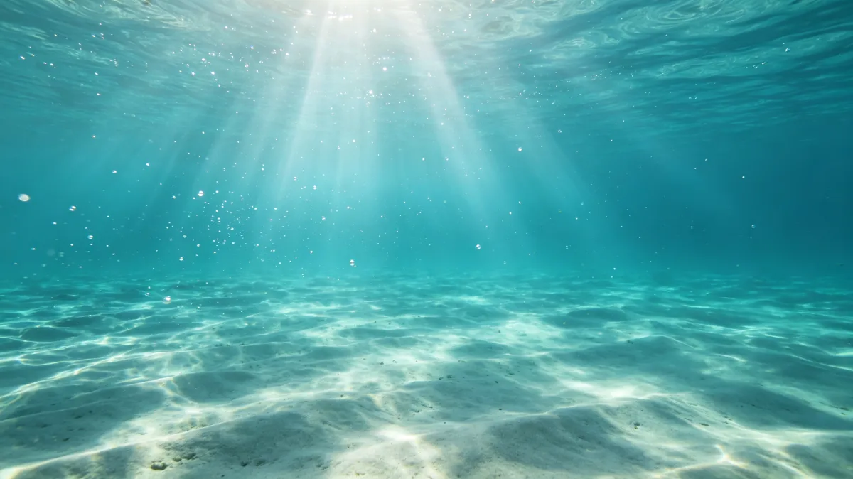 sunbeams shine through clear turquoise shallow water over rippled sand.