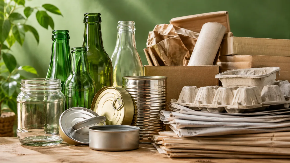 Glass bottles, cans, cardboard, and paper packaging are arranged as reusable materials.