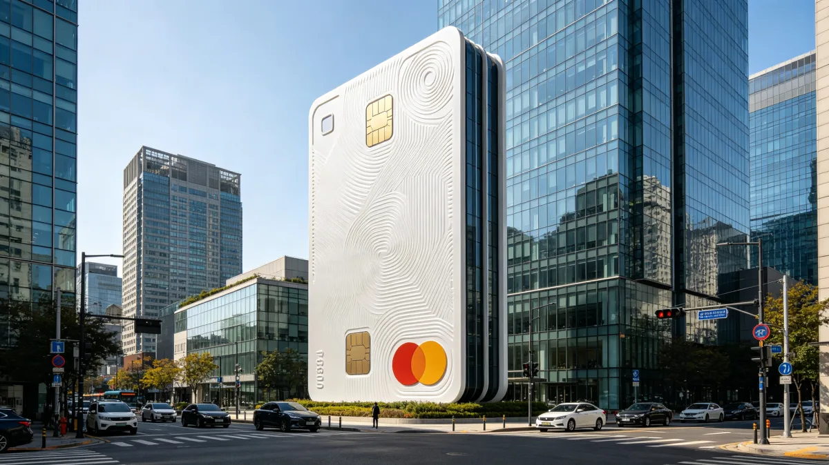 A giant white credit card stands upright between glass office towers and cars, creating a direct urban finance concept about payments, consumer credit, banking technology, and the scale of modern...