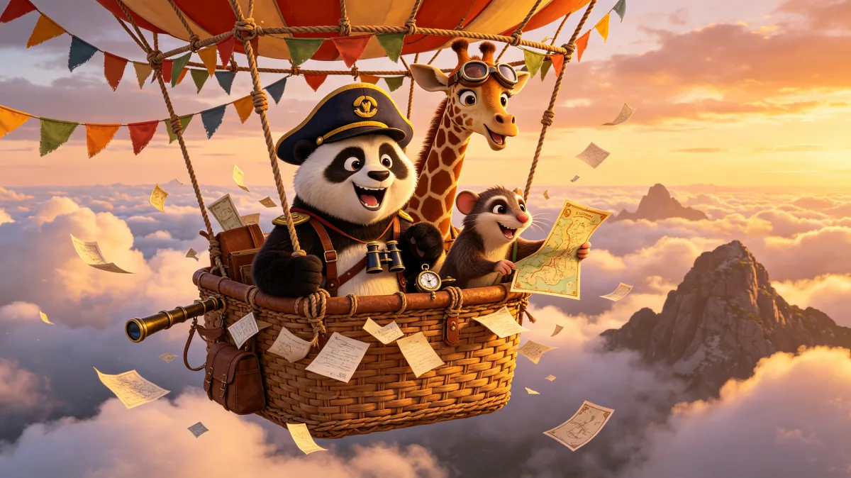 A colorful storybook cartoon scene featuring panda and giraffe hot air balloon adventure, designed for playful children-friendly illustration use.