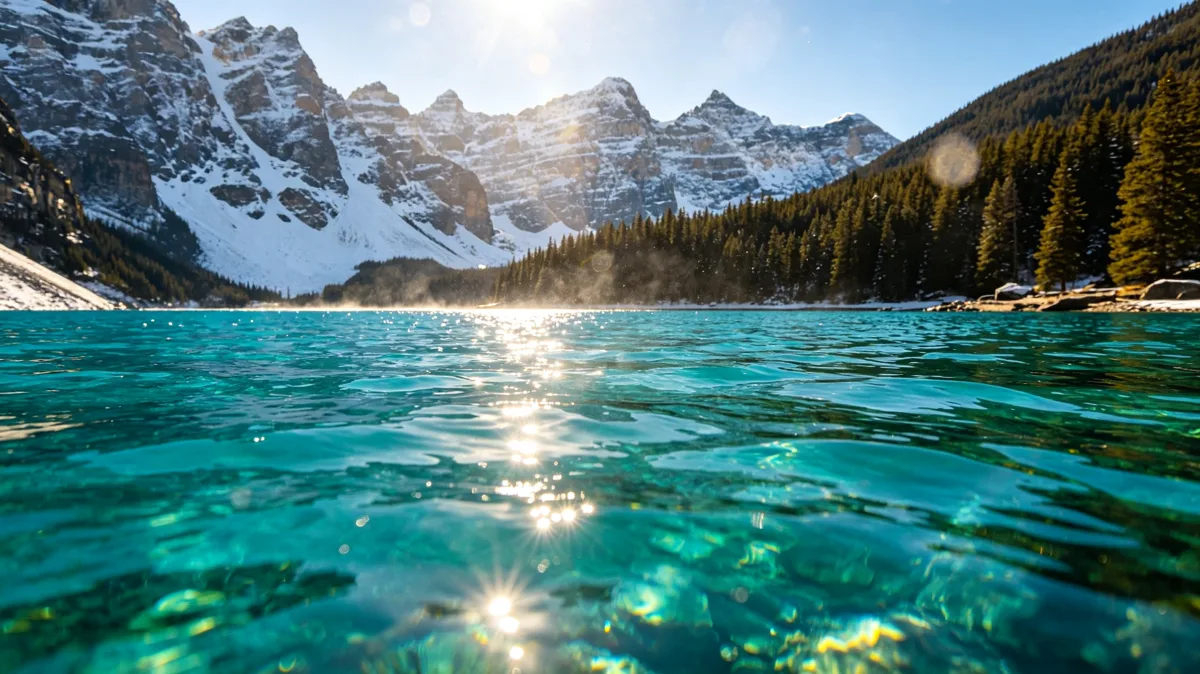 Crystal turquoise alpine lake below snowy mountain ridges and dark evergreen forest.