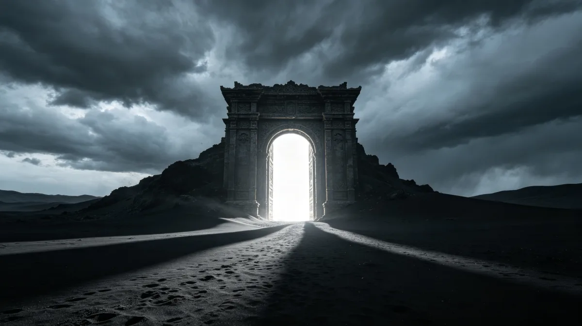 Glowing Doorway In Storm Landscape
