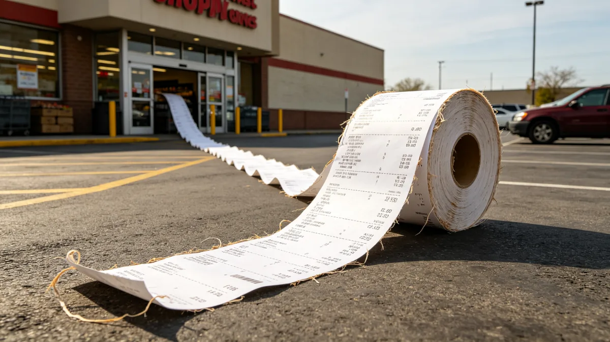 a huge paper receipt unrolls across a retail parking lot, offering a direct concept for grocery prices, consumer spending, proof of purchase, accounting, inflation, and everyday financial pressure.