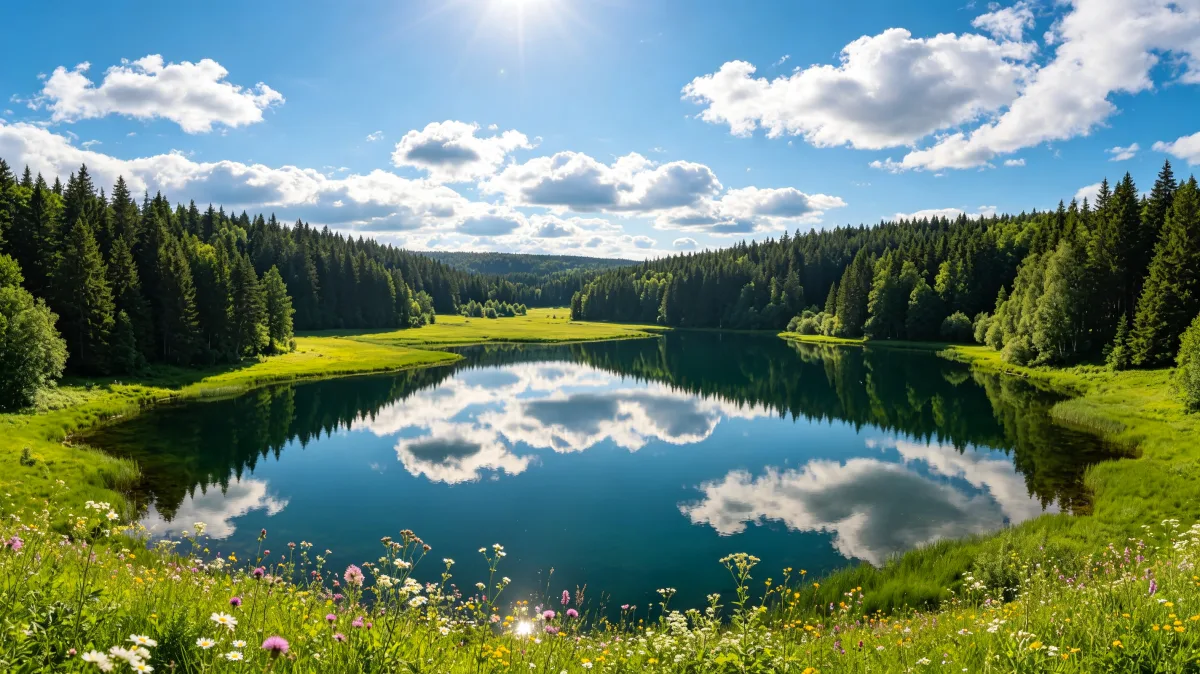 Sunny forest lake reflecting white summer clouds beside a green meadow and evergreen trees.