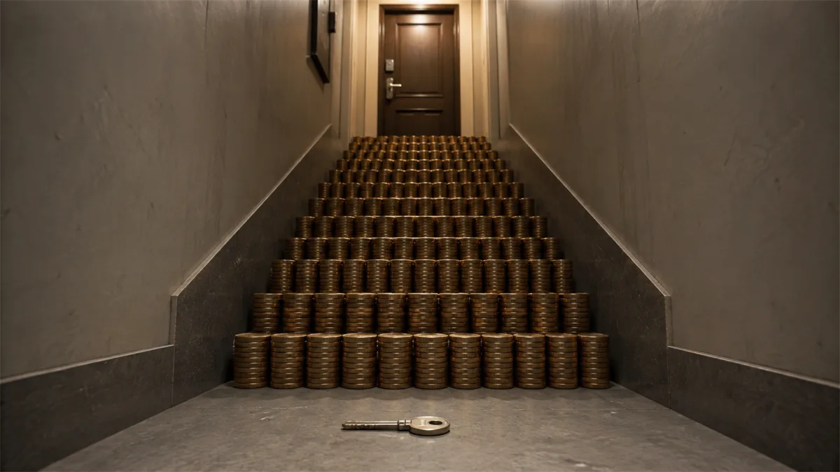 A staircase covered with coins rises through a narrow hallway, suggesting gradual savings, income growth, or the climb toward financial stability.