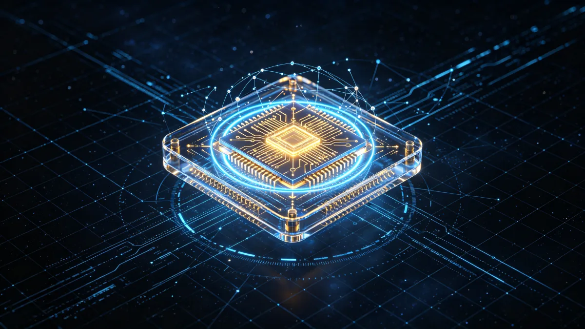 Glowing advanced microchip with circuit lines in dark digital environment
