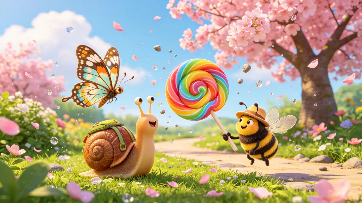 A colorful storybook cartoon scene featuring spring garden snail and bee lollipop, designed for playful children-friendly illustration use.