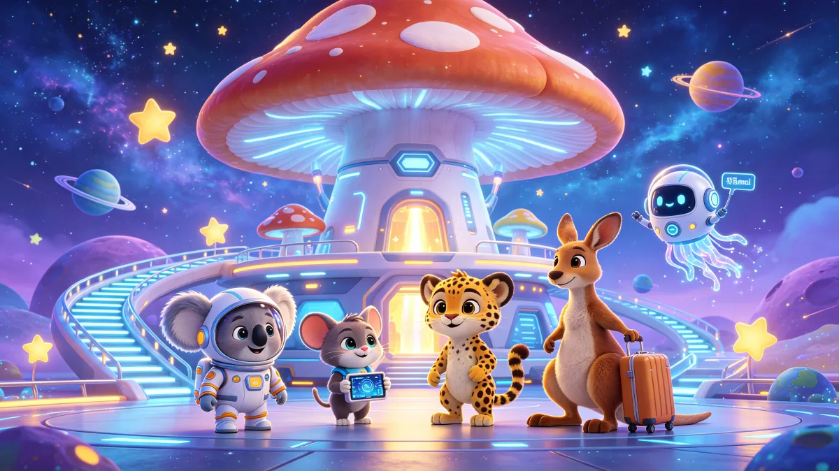 A colorful storybook cartoon scene featuring space mushroom village animal friends, designed for playful children-friendly illustration use.