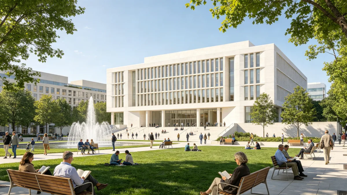 a modern civic campus with fountain and people on the lawn sits beneath green trees.