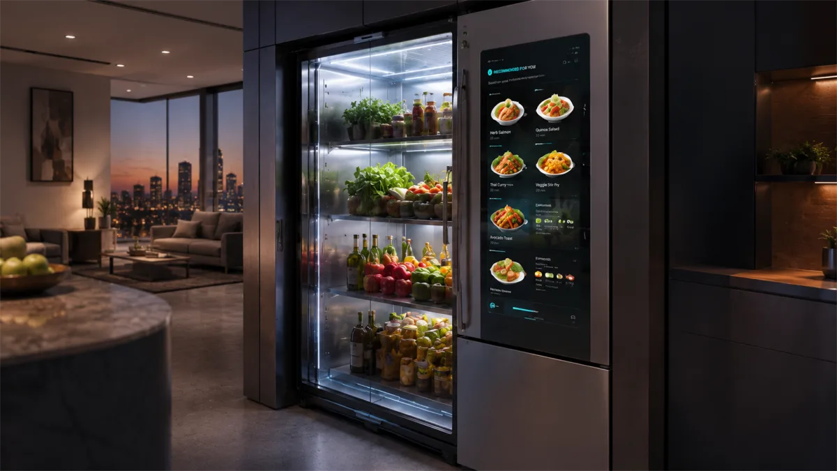 A smart refrigerator shows meal suggestions and inventory data through a touch display while food shelves glow inside.