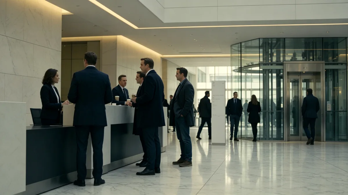 Corporate office lobby with executives and reception area