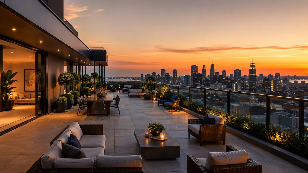 A penthouse terrace looks across a city skyline with outdoor seating, planters, railings, and sunset high-rise views.