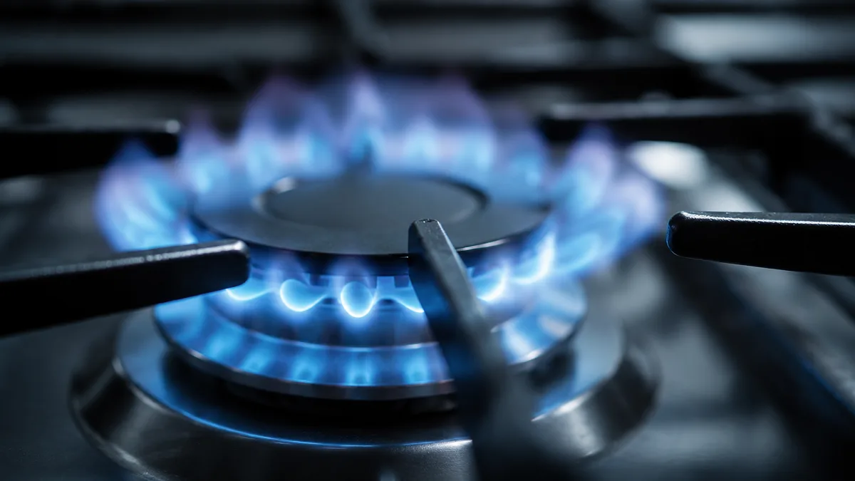 Blue gas flames burn around a stovetop burner in a sharp kitchen close-up.